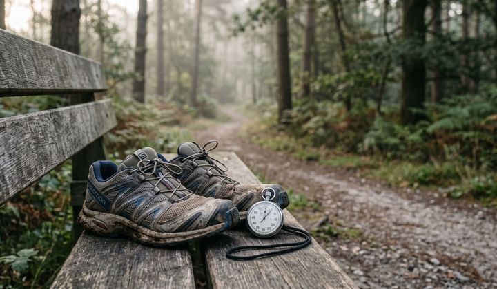 Gebrauchte Laufschuhe und eine Stoppuhr auf einer Holzbank an einem ruhigen Waldweg im weichen Morgenlicht.