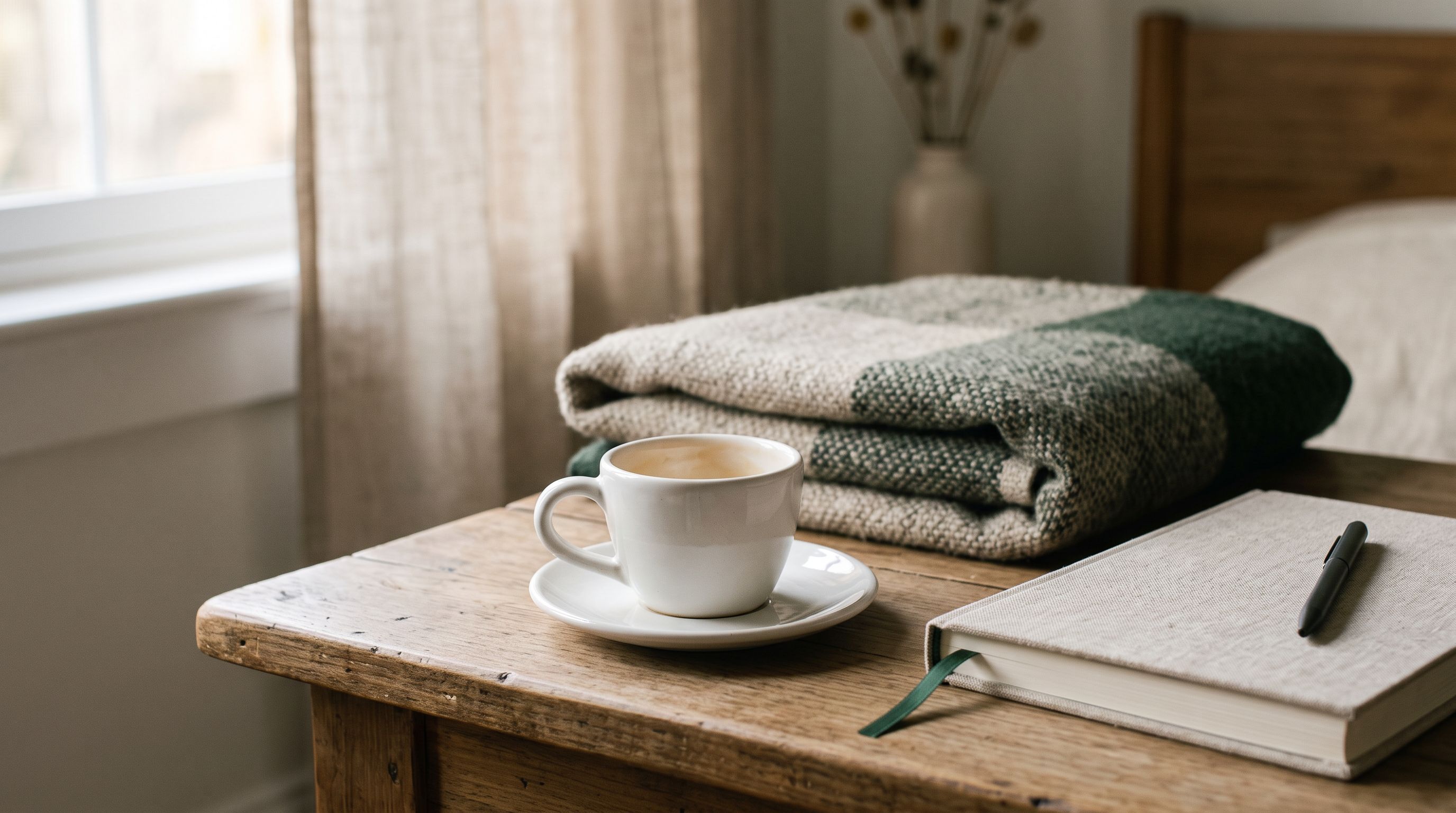 Espressotasse neben geschlossenem Notizbuch und gefalteter Wolldecke auf einem Nachttisch im ruhigen Morgenlicht