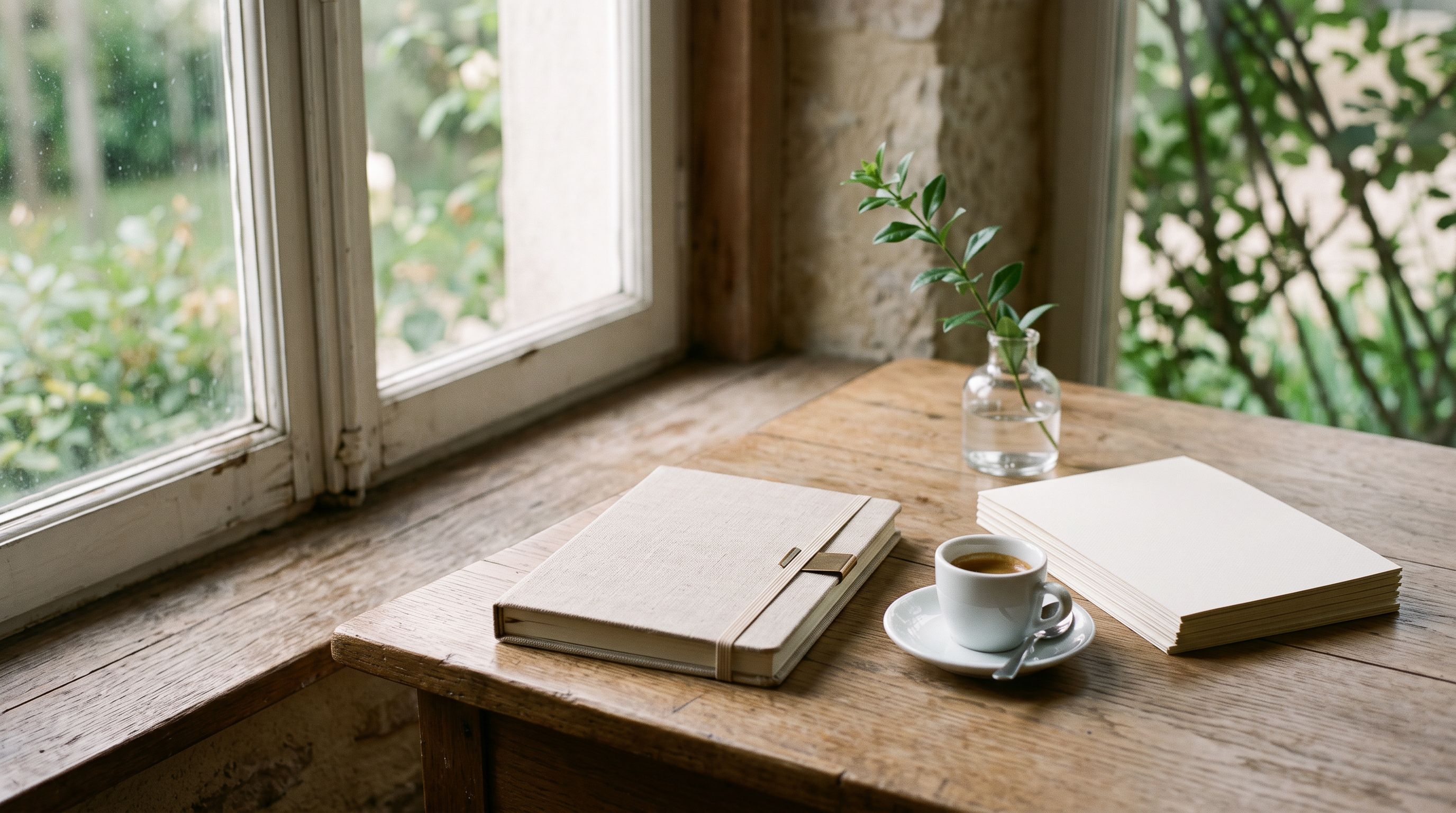 Ruhiger Schreibtisch am Fenster mit Espressotasse, geschlossenem Notizbuch und Papierstapel im weichen Morgenlicht.