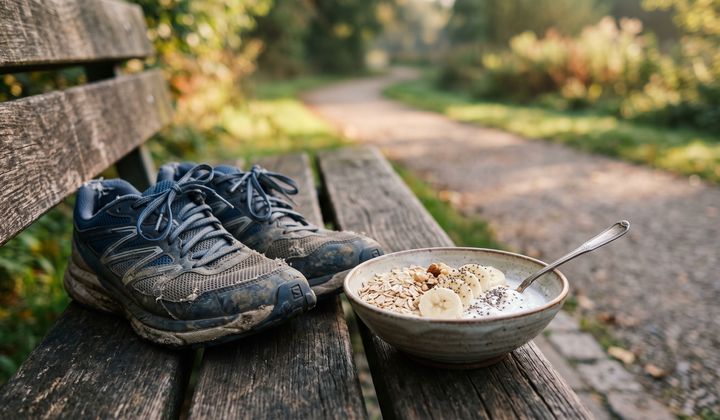 Getragene Laufschuhe auf einer Holzbank neben einer Schale Joghurt mit Haferflocken und Banane, Morgenlicht im Park