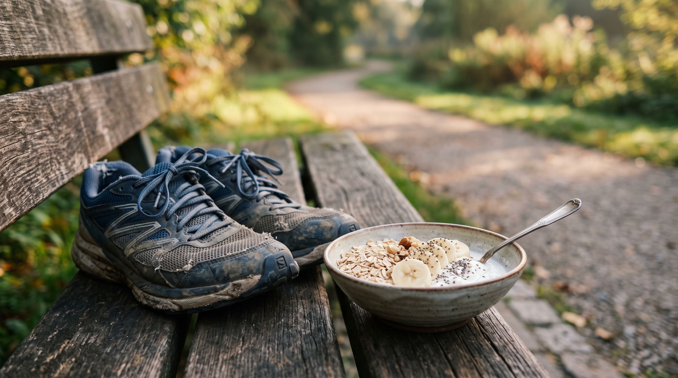 Getragene Laufschuhe auf einer Holzbank neben einer Schale Joghurt mit Haferflocken und Banane, Morgenlicht im Park