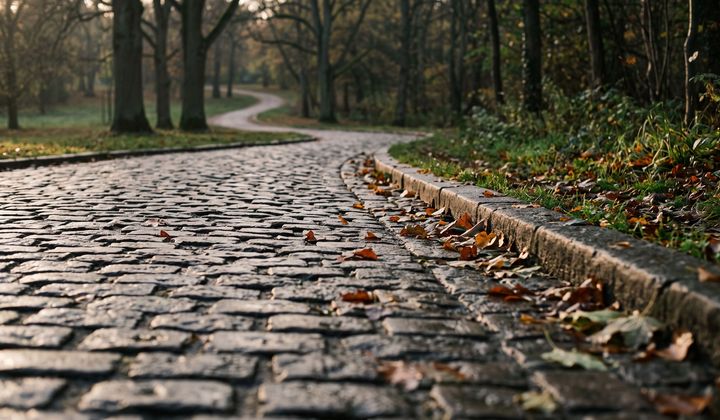 Nasser Kopfsteinpflasterweg im Park mit leicht erhöhter Steinkante und Herbstlaub im flachen Morgenlicht
