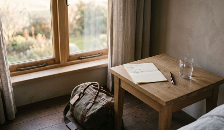 Nachttisch am Fenster im Morgenlicht mit gefaltetem Notizzettel, Stift, Wasserglas und gepackter Tasche