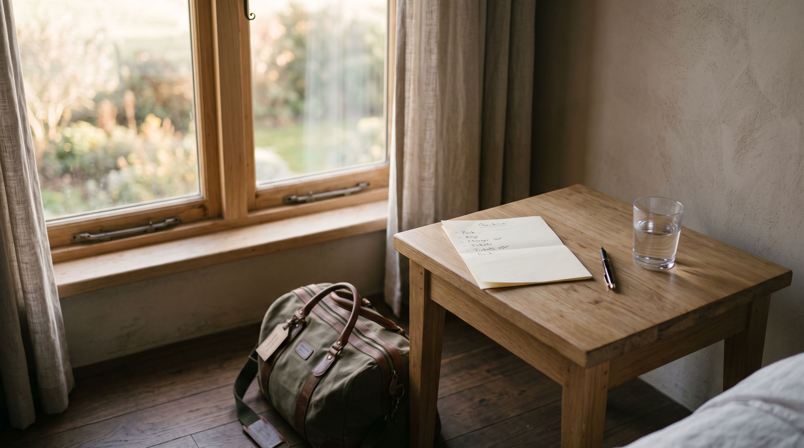 Nachttisch am Fenster im Morgenlicht mit gefaltetem Notizzettel, Stift, Wasserglas und gepackter Tasche