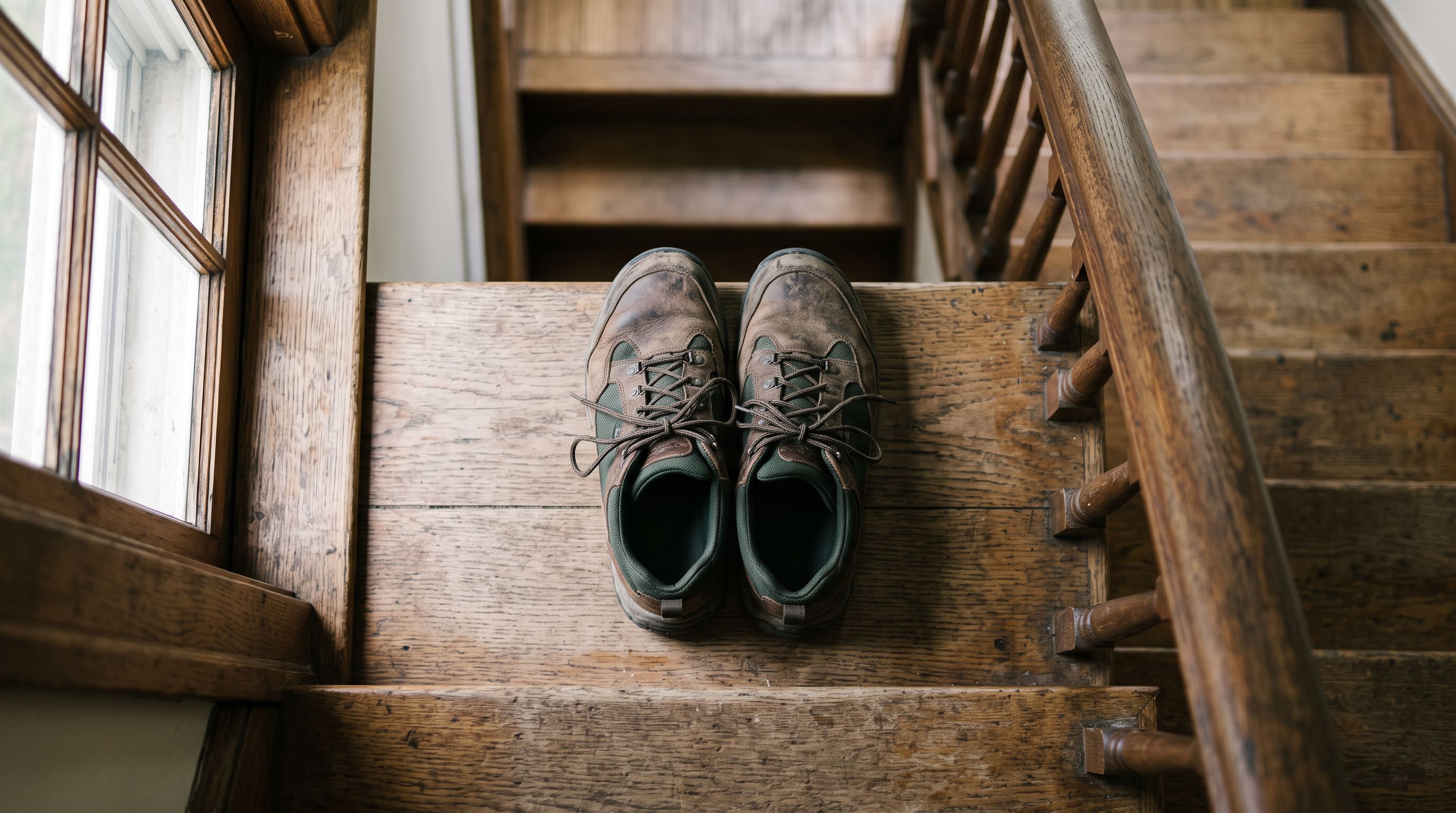 Ein Paar Laufschuhe auf einer Holztreppe neben dem Handlauf, im weichen Morgenlicht vom Fenster