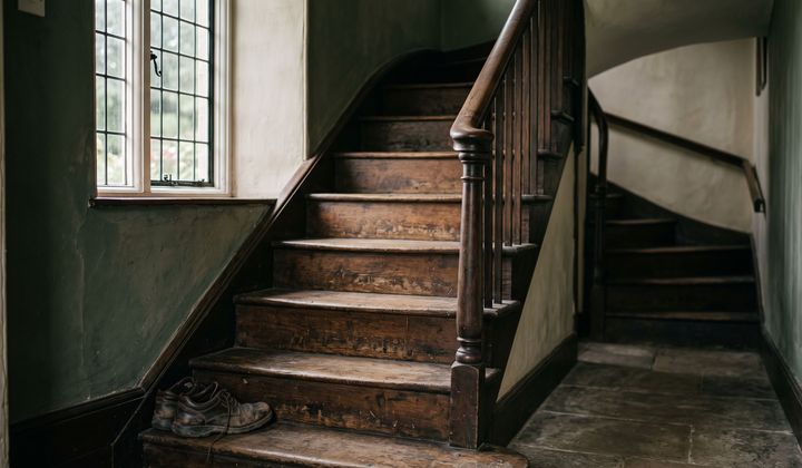 Holztreppe mit Handlauf im Morgenlicht, auf der untersten Stufe stehen Laufschuhe