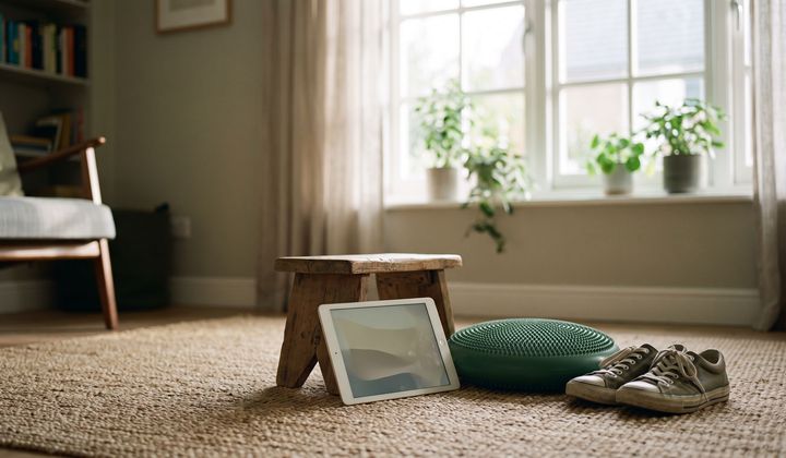 Tablet an einem Holzhocker auf einer Bodenmatte, daneben Balancekissen und Turnschuhe im Morgenlicht