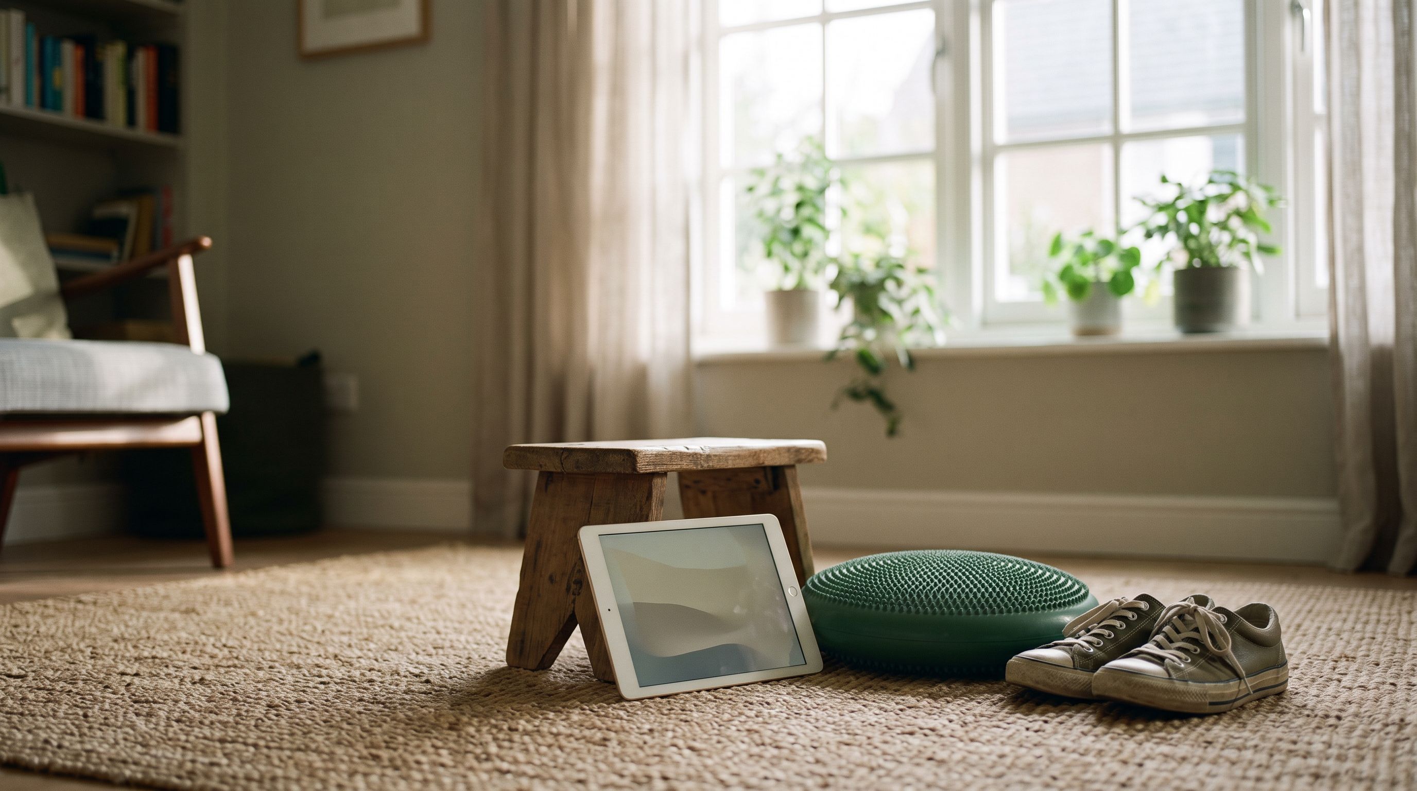 Tablet an einem Holzhocker auf einer Bodenmatte, daneben Balancekissen und Turnschuhe im Morgenlicht