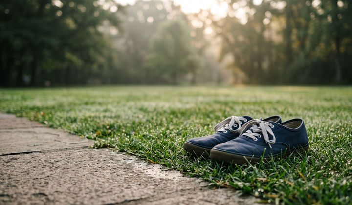 Ein Paar flache Stoffschuhe steht auf taunassem Rasen in einem Park, dahinter Morgennebel und warmes, tief stehendes Sonnenlicht.