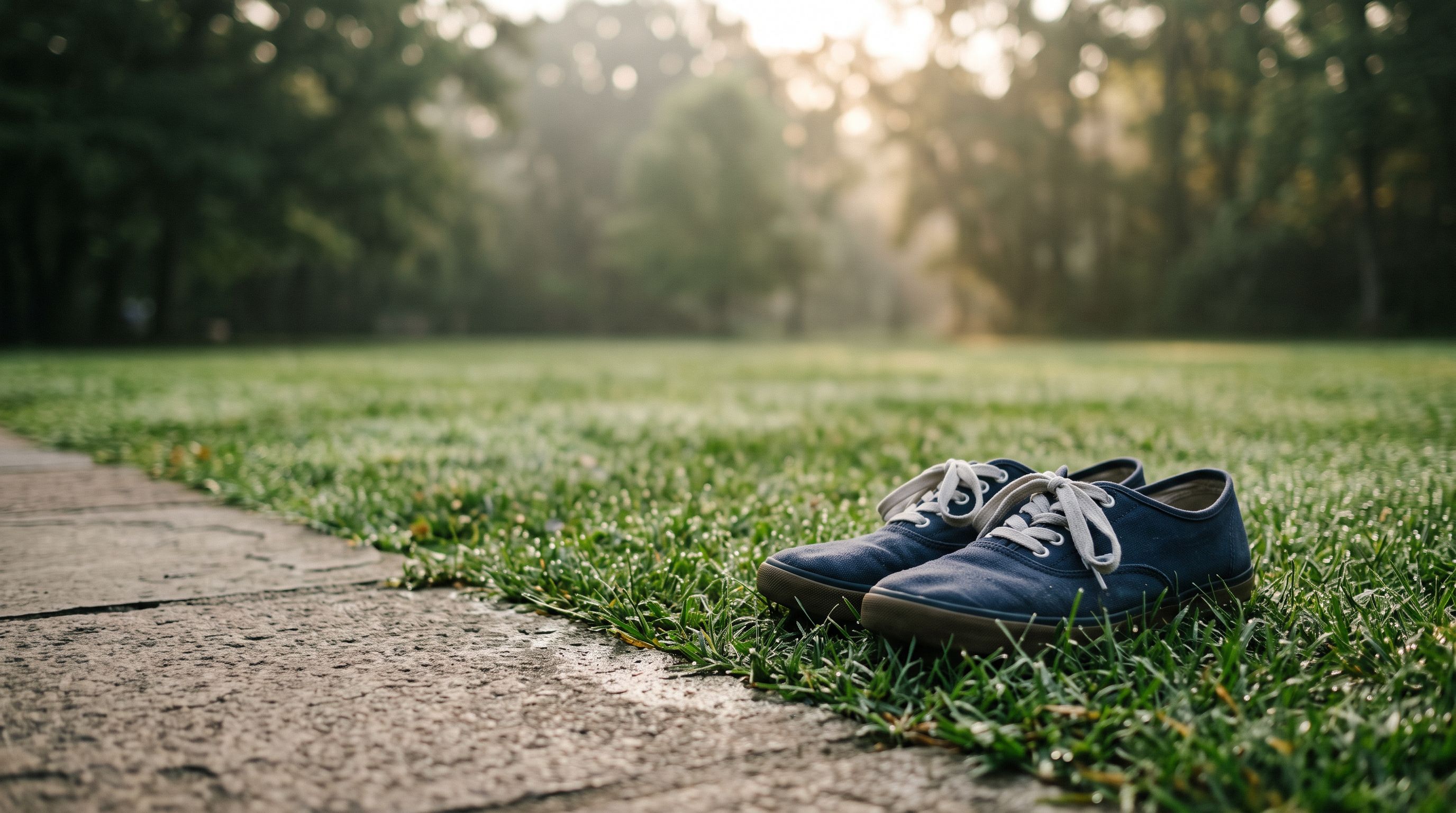 Ein Paar flache Stoffschuhe steht auf taunassem Rasen in einem Park, dahinter Morgennebel und warmes, tief stehendes Sonnenlicht.