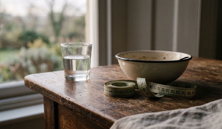 Küchentisch am Morgen mit einem Glas Wasser, leerer Frühstücksschale und Maßband im blassen Licht der Morgendämmerung