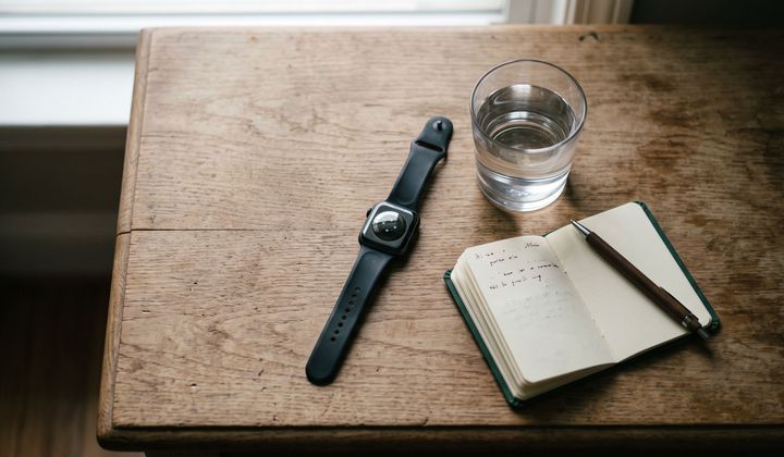 Smartwatch auf einem Nachttisch aus Holz neben Wasserglas und Notizbuch im weichen Morgenlicht