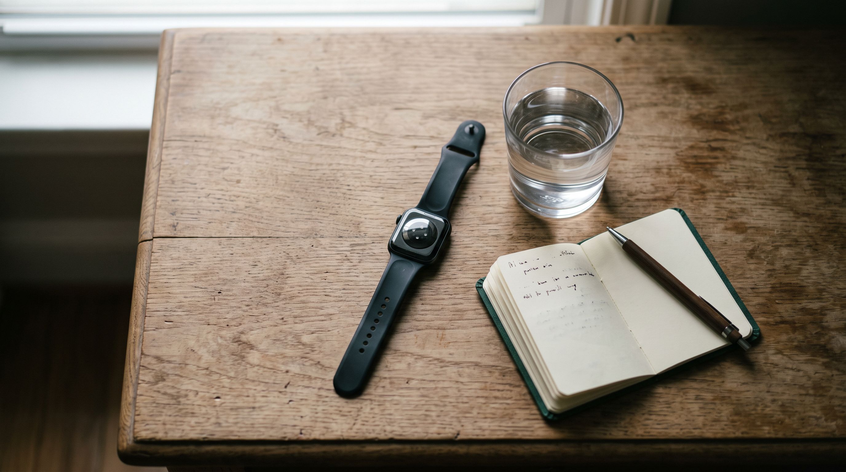 Smartwatch auf einem Nachttisch aus Holz neben Wasserglas und Notizbuch im weichen Morgenlicht
