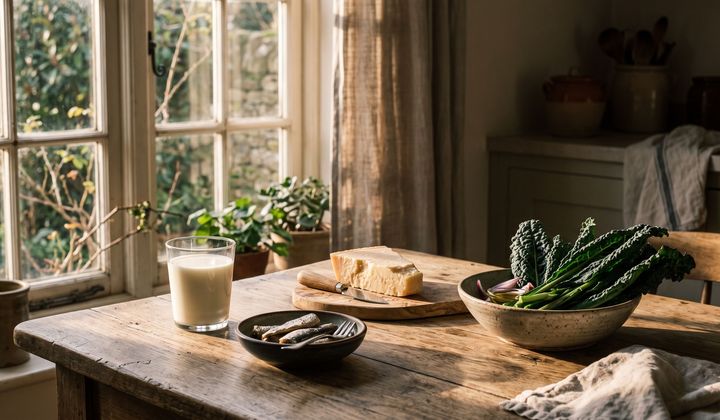 Küchentisch im Morgenlicht mit Glas Milch, Sardinen, Käse und Grünkohl