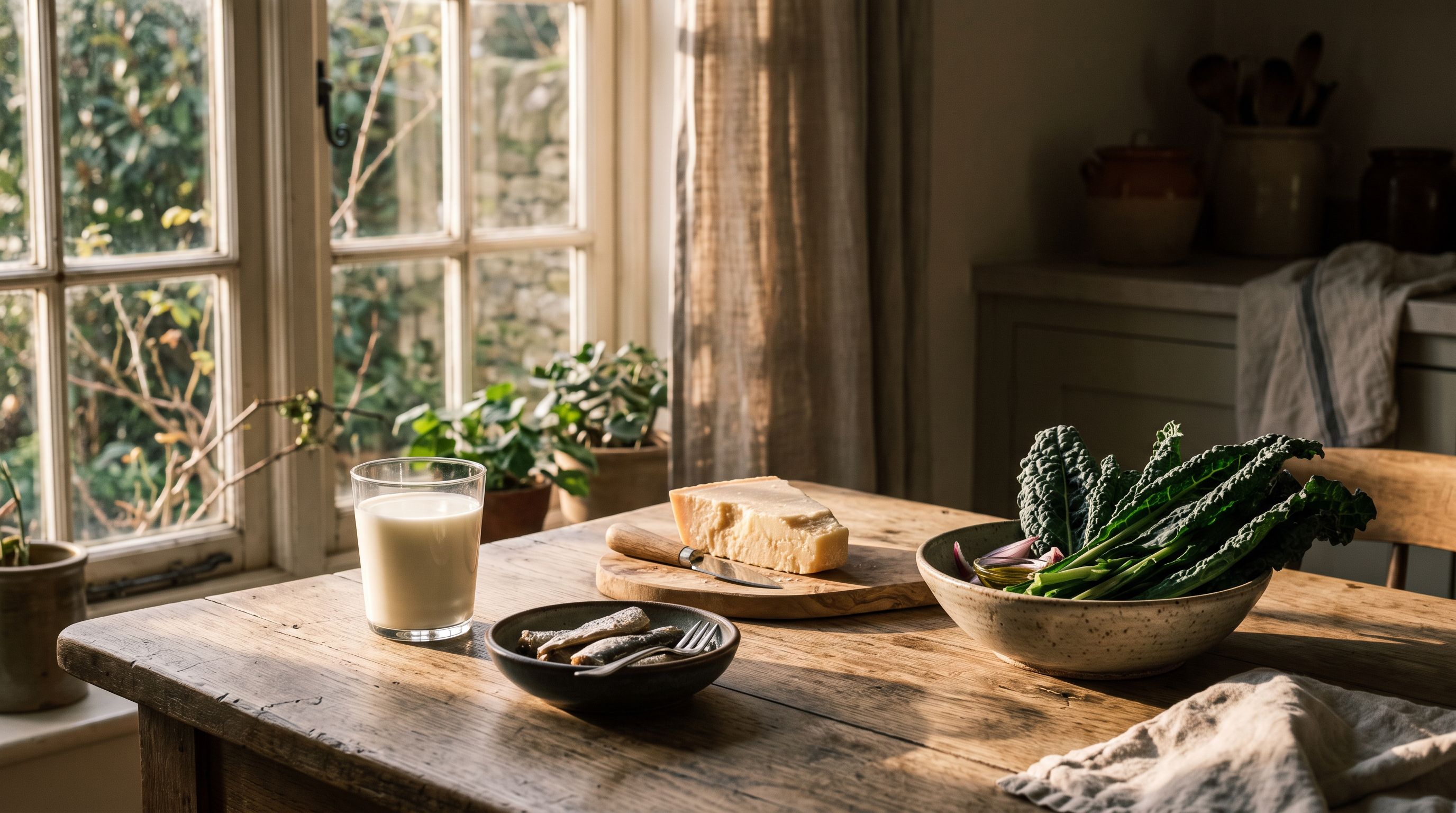 Küchentisch im Morgenlicht mit Glas Milch, Sardinen, Käse und Grünkohl