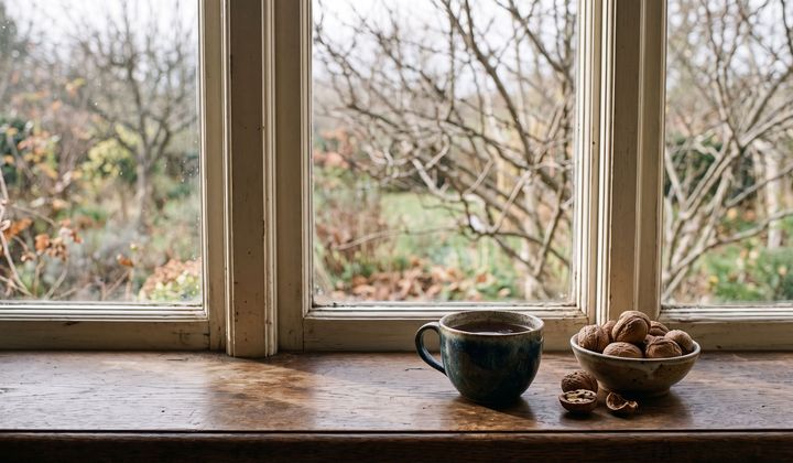 Fensterbank im Herbst mit tief stehender Nachmittagssonne, Teetasse und Schale Walnüssen, draußen kahle Äste