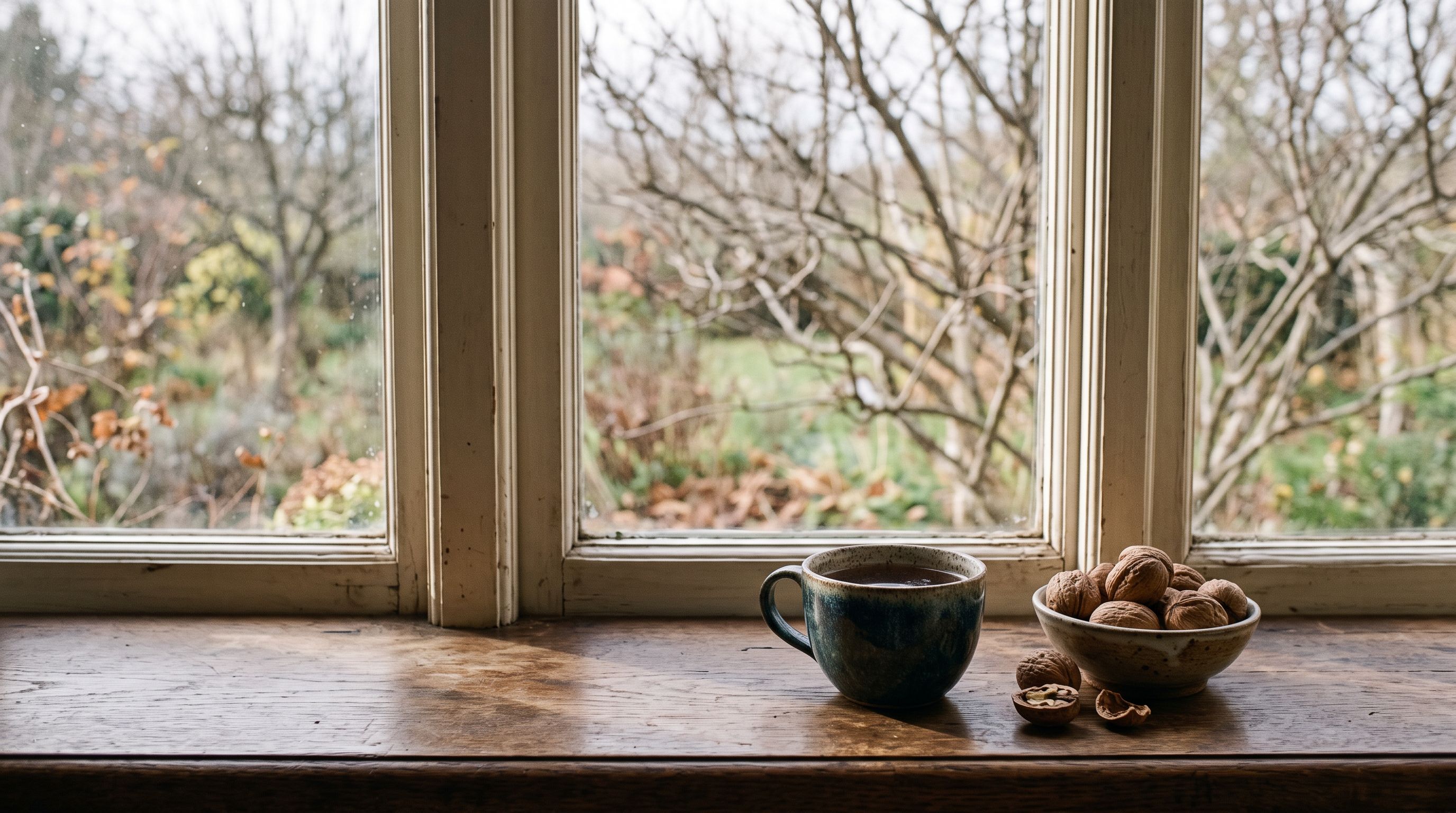 Fensterbank im Herbst mit tief stehender Nachmittagssonne, Teetasse und Schale Walnüssen, draußen kahle Äste