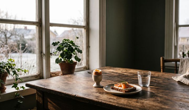 Frühstückstisch im Wintersonnenlicht: Ei im Eierbecher, Roggenbrot mit Lachs und ein Glas Wasser am Fenster