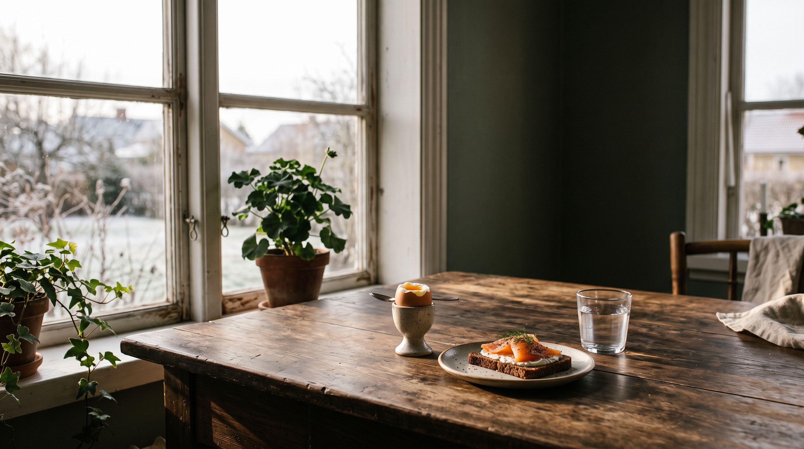 Frühstückstisch im Wintersonnenlicht: Ei im Eierbecher, Roggenbrot mit Lachs und ein Glas Wasser am Fenster