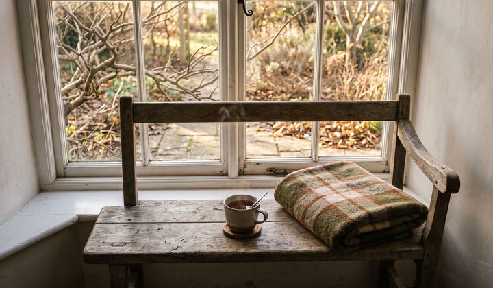 Holzbank am Fenster in tiefstehender Herbstsonne, darauf eine gefaltete Wolldecke und eine Tasse Tee