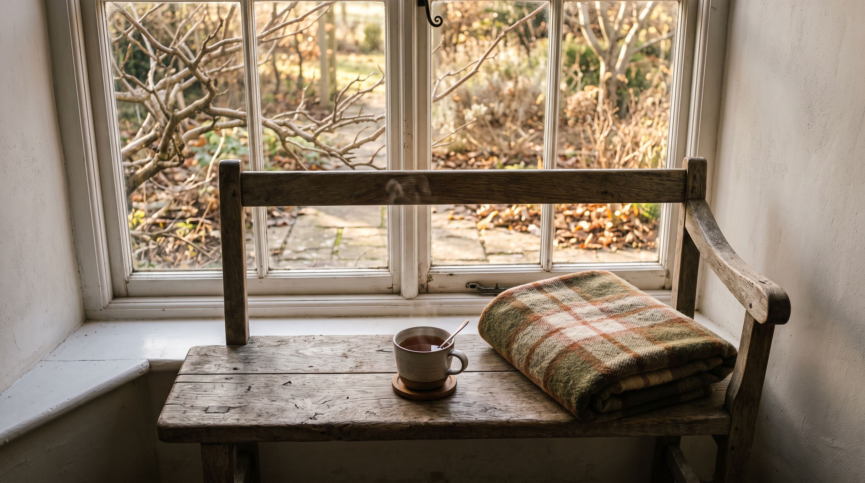 Holzbank am Fenster in tiefstehender Herbstsonne, darauf eine gefaltete Wolldecke und eine Tasse Tee