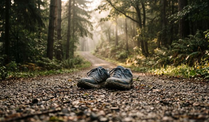 Abgetragene Laufschuhe auf einem ansteigenden Waldweg im Morgenlicht mit Nebel