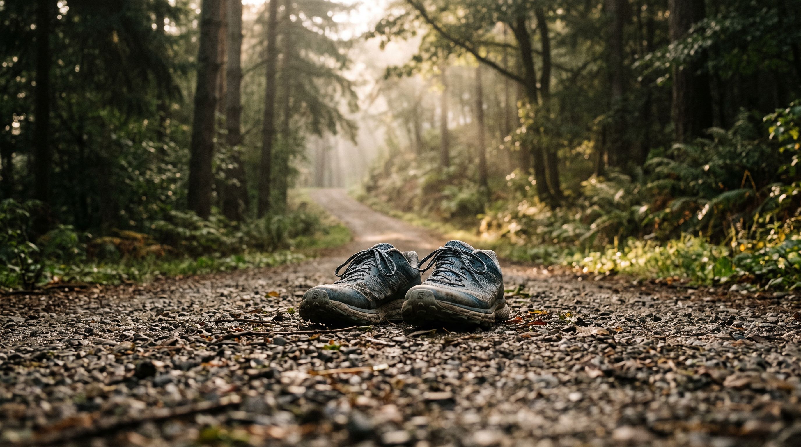 Abgetragene Laufschuhe auf einem ansteigenden Waldweg im Morgenlicht mit Nebel
