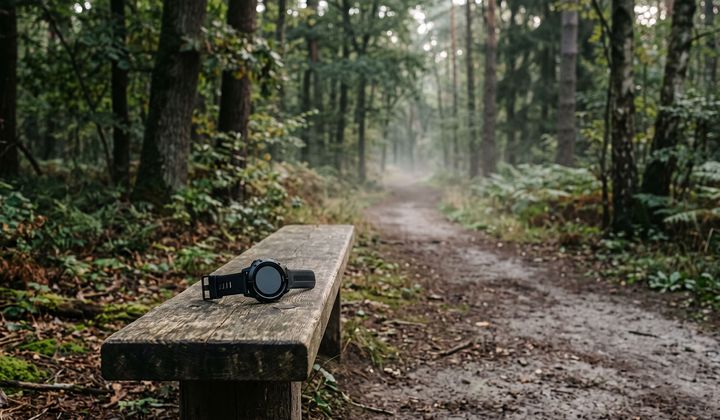 Sportuhr mit dunklem Display auf einer Holzbank am Waldlaufweg im weichen Morgenlicht