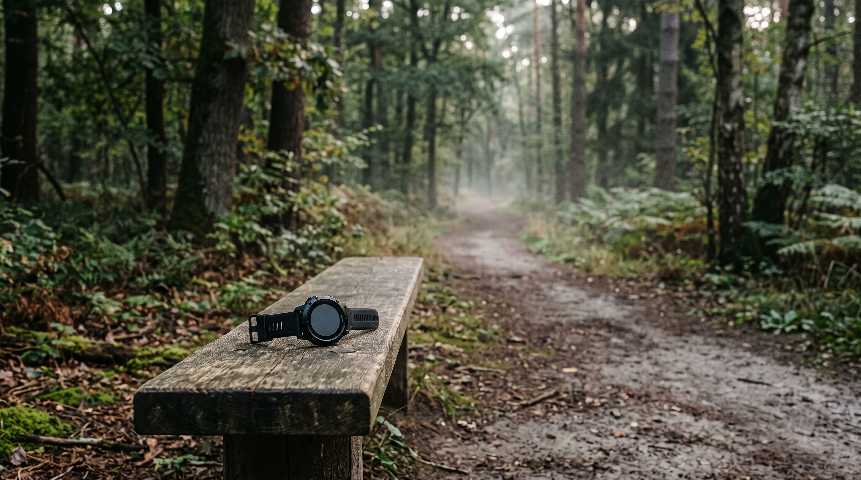 Sportuhr mit dunklem Display auf einer Holzbank am Waldlaufweg im weichen Morgenlicht