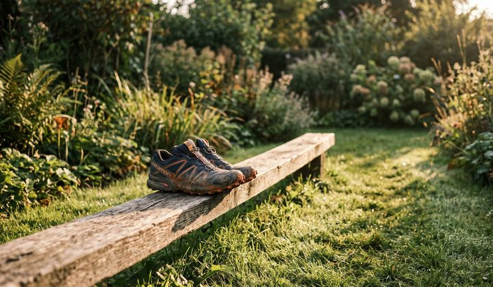 Ein Paar getragene Laufschuhe auf einem schmalen Holzbalken im Garten, flaches Morgenlicht und taufeuchtes Gras.