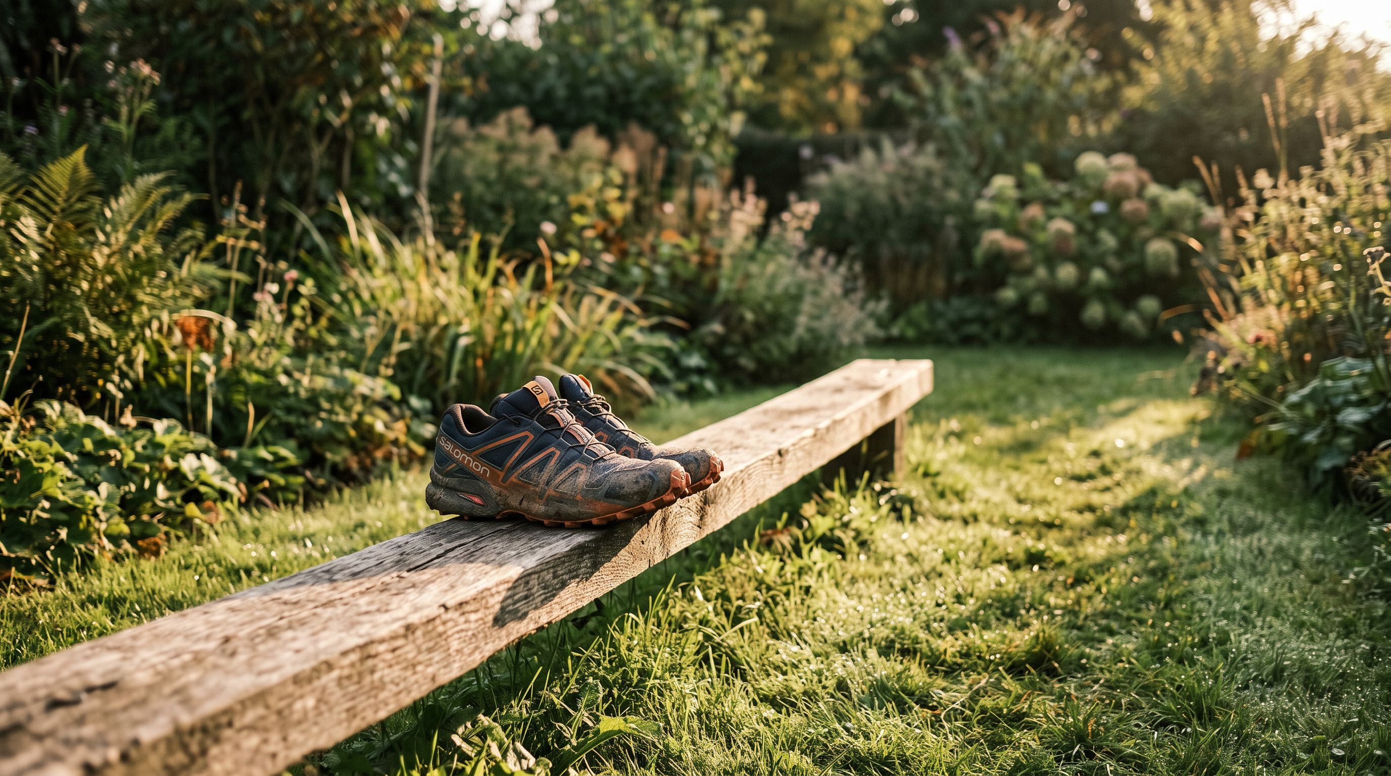 Ein Paar getragene Laufschuhe auf einem schmalen Holzbalken im Garten, flaches Morgenlicht und taufeuchtes Gras.