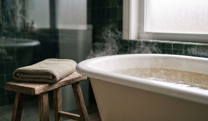 Dampfende, gefüllte Badewanne in einem ruhigen Badezimmer, daneben ein gefaltetes Handtuch, weiches Morgenlicht durchs Fenster