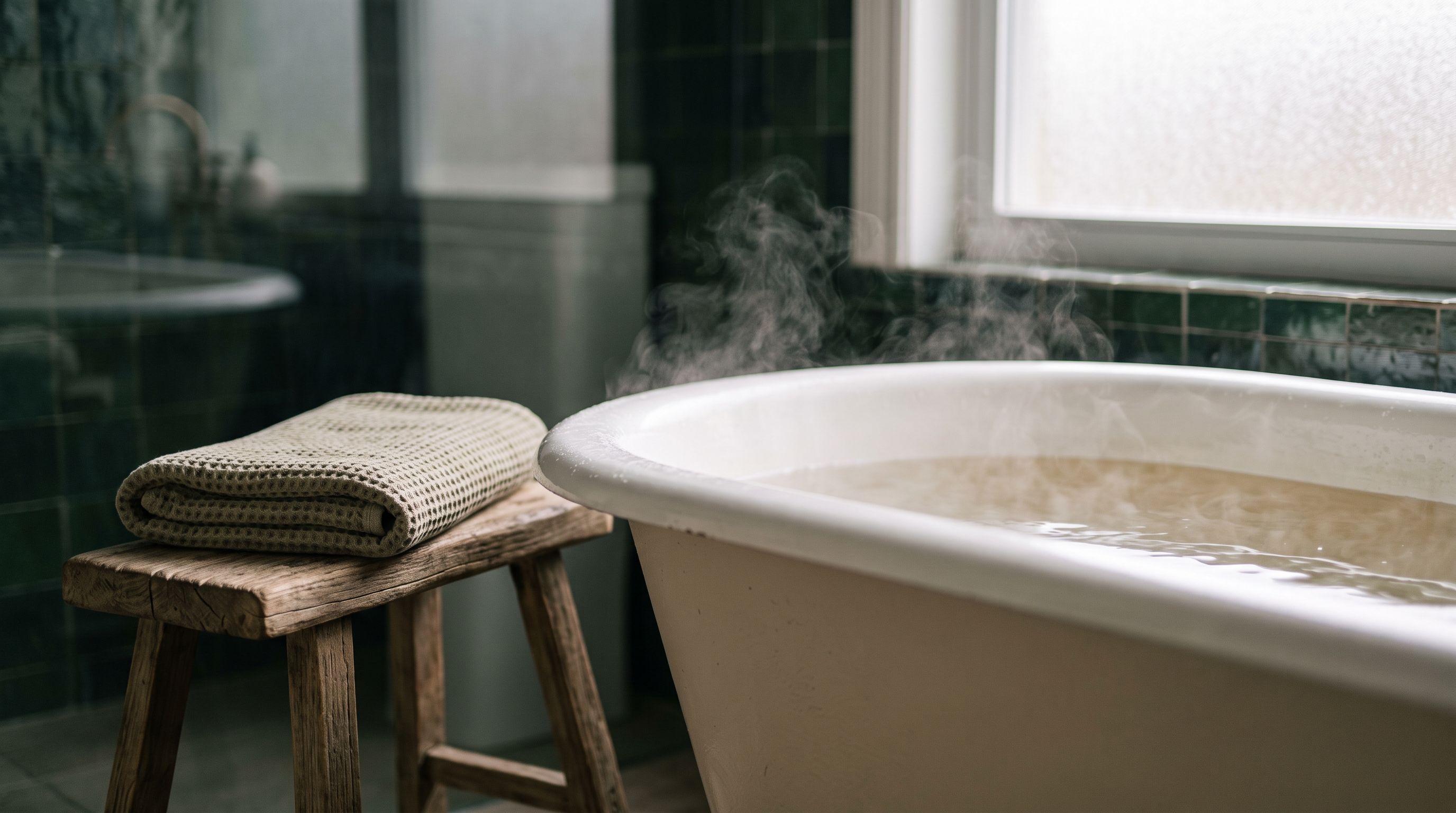 Dampfende, gefüllte Badewanne in einem ruhigen Badezimmer, daneben ein gefaltetes Handtuch, weiches Morgenlicht durchs Fenster