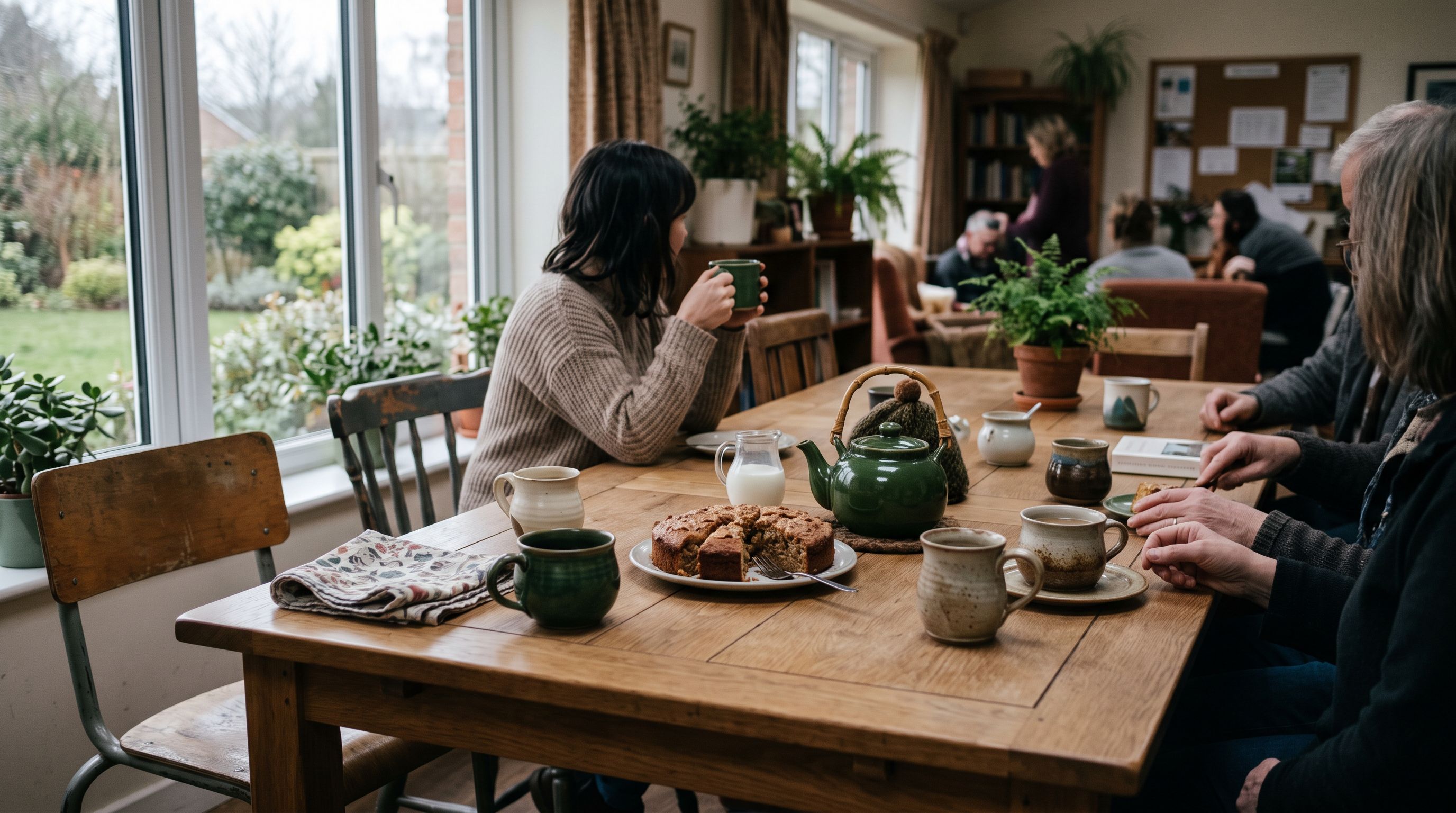Gedeckter Holztisch mit mehreren Kaffeetassen, Teekanne und Kuchen in einem hellen Gemeinschaftsraum im Nachmittagslicht