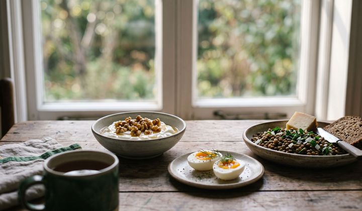 Frühstückstisch im Morgenlicht mit Joghurt, Nüssen, gekochten Eiern, Linsen und Käse