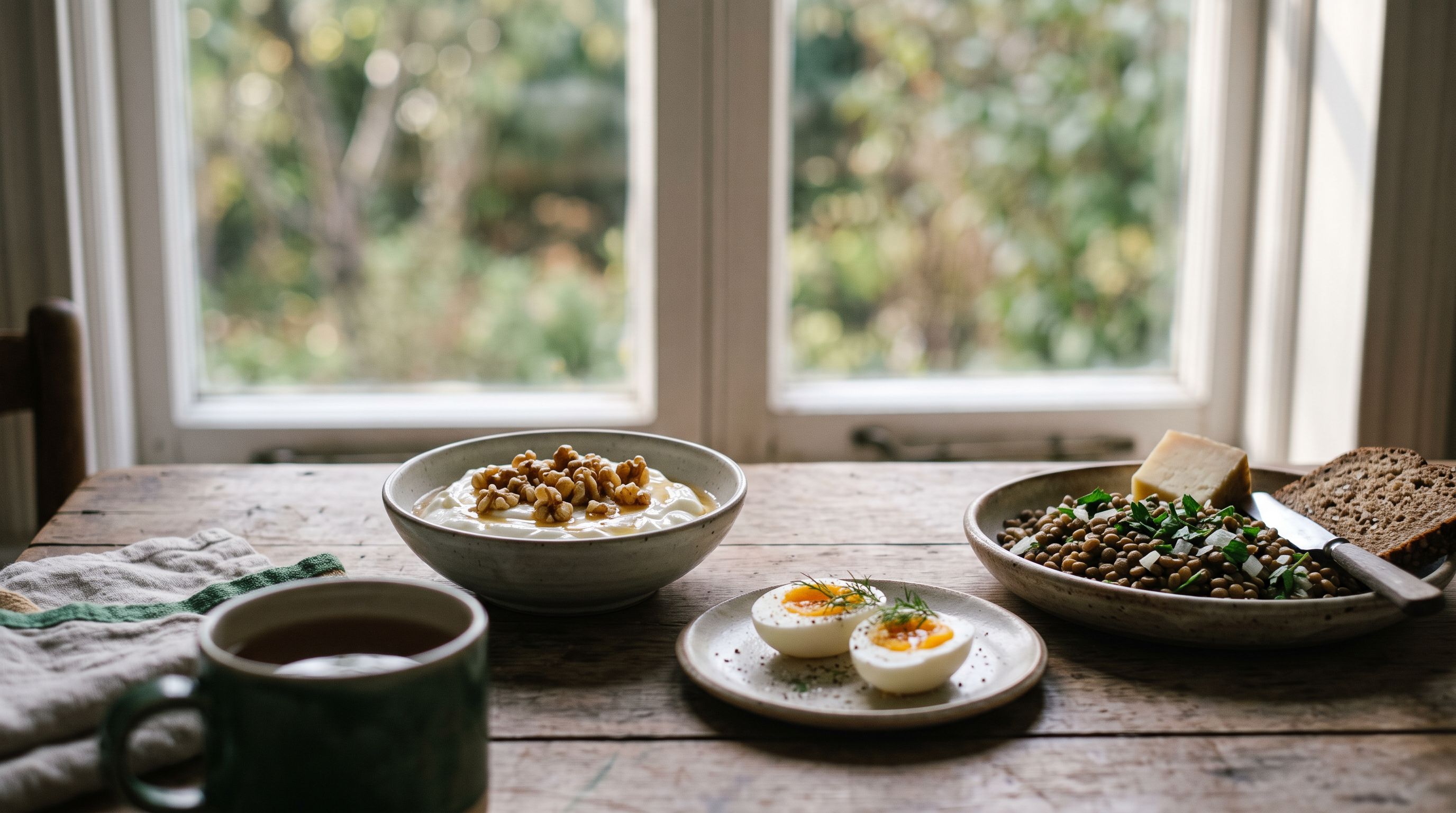Frühstückstisch im Morgenlicht mit Joghurt, Nüssen, gekochten Eiern, Linsen und Käse