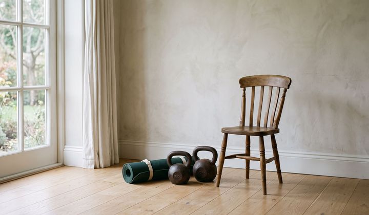 Holzstuhl auf hellem Dielenboden, daneben zwei Kettlebells und eine eingerollte Matte im Morgenlicht