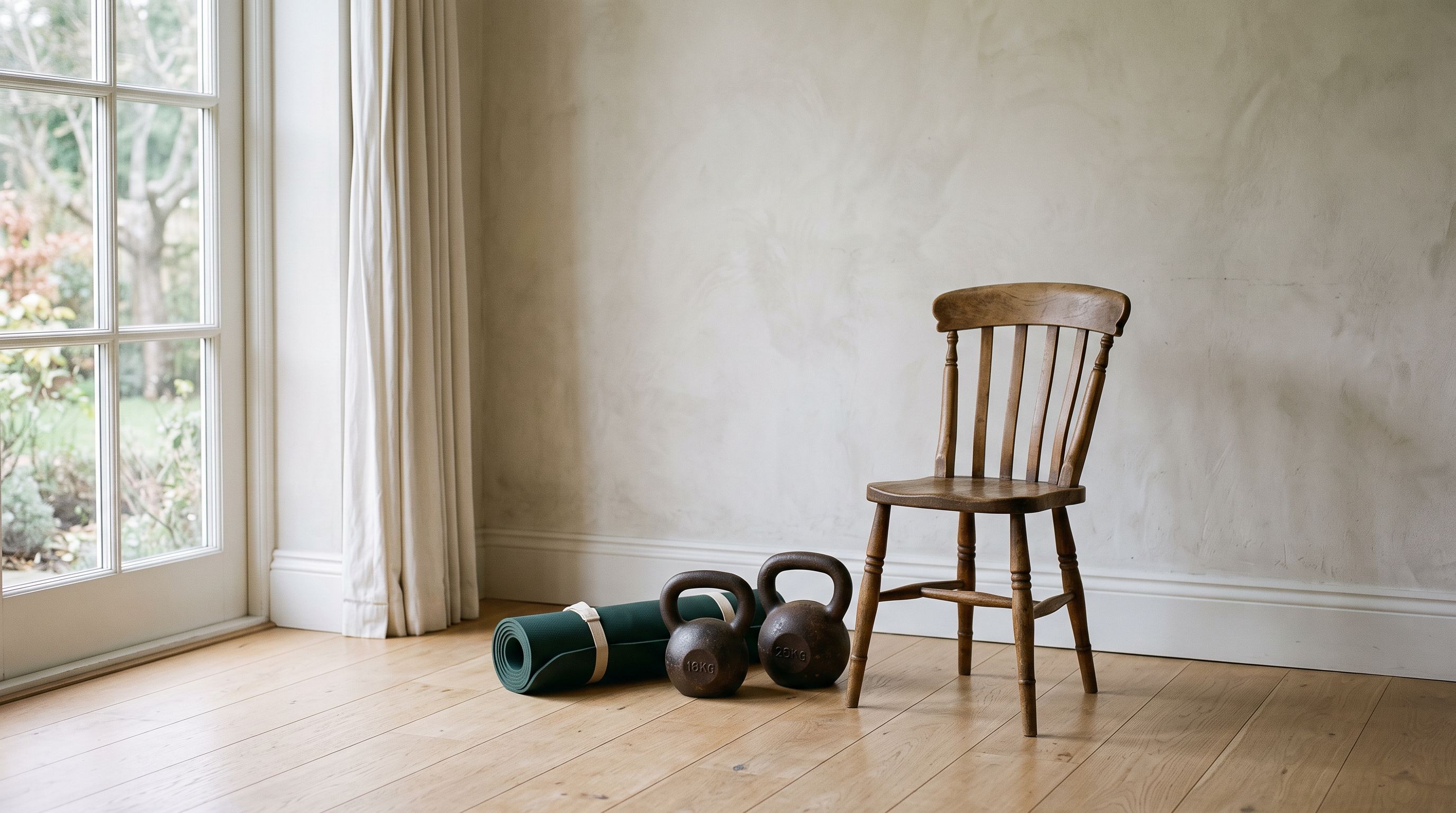 Holzstuhl auf hellem Dielenboden, daneben zwei Kettlebells und eine eingerollte Matte im Morgenlicht